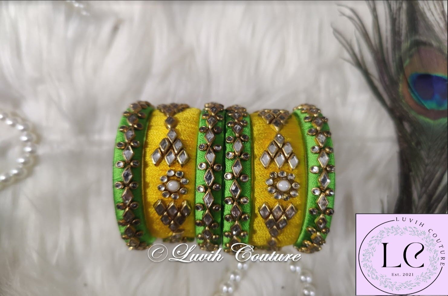 Silk thread bangles Parrot green and yellow combination bangles, Luvih Couture