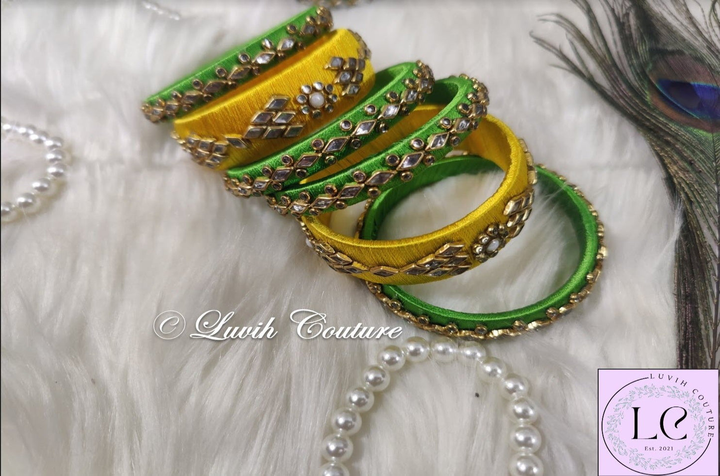 Silk thread bangles Parrot green and yellow combination side picture bangles, Luvih Couture